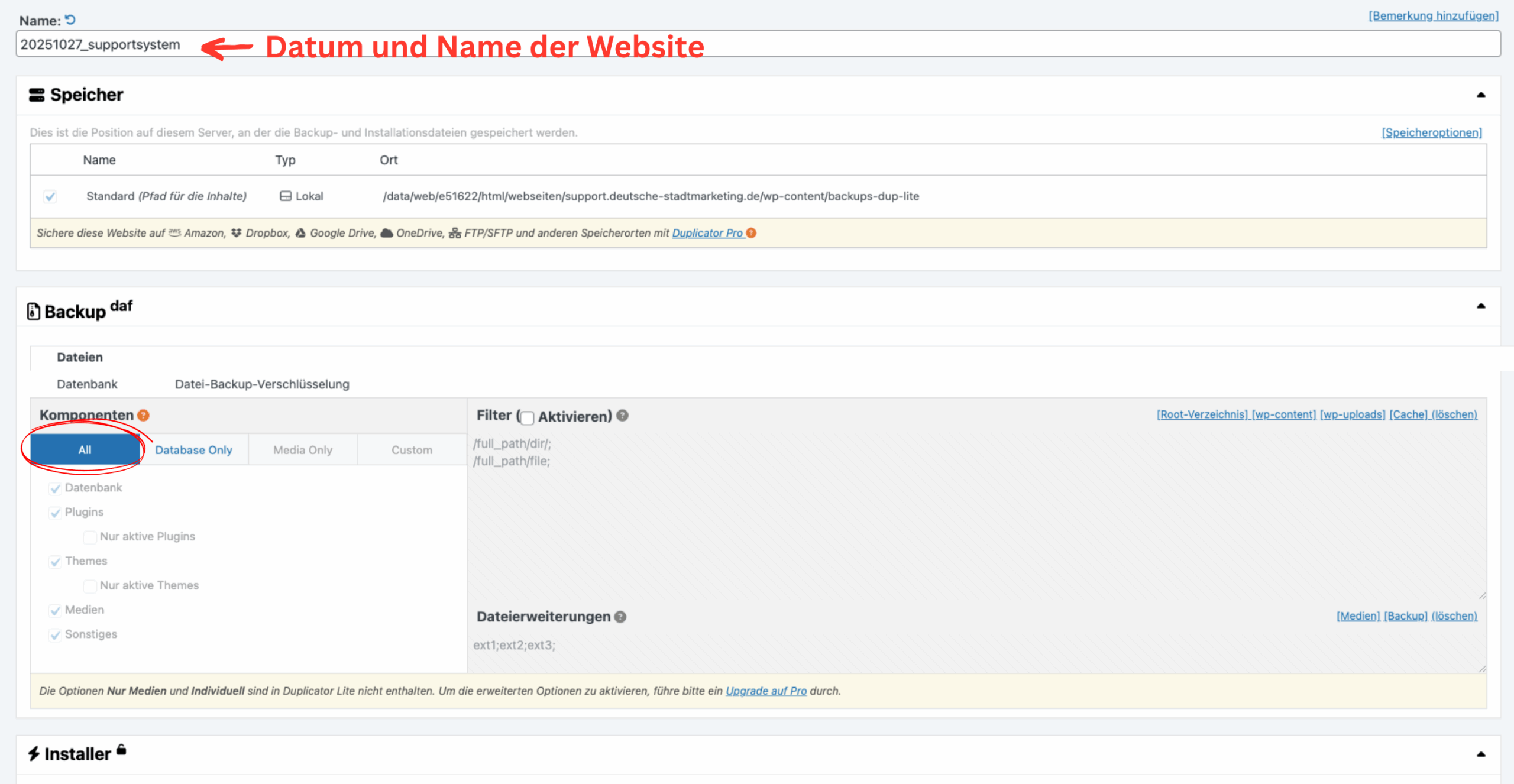 WordPress Duplicator-Plugin: Backup-Name mit Datum und Website-Name, Option „All“ gewählt.