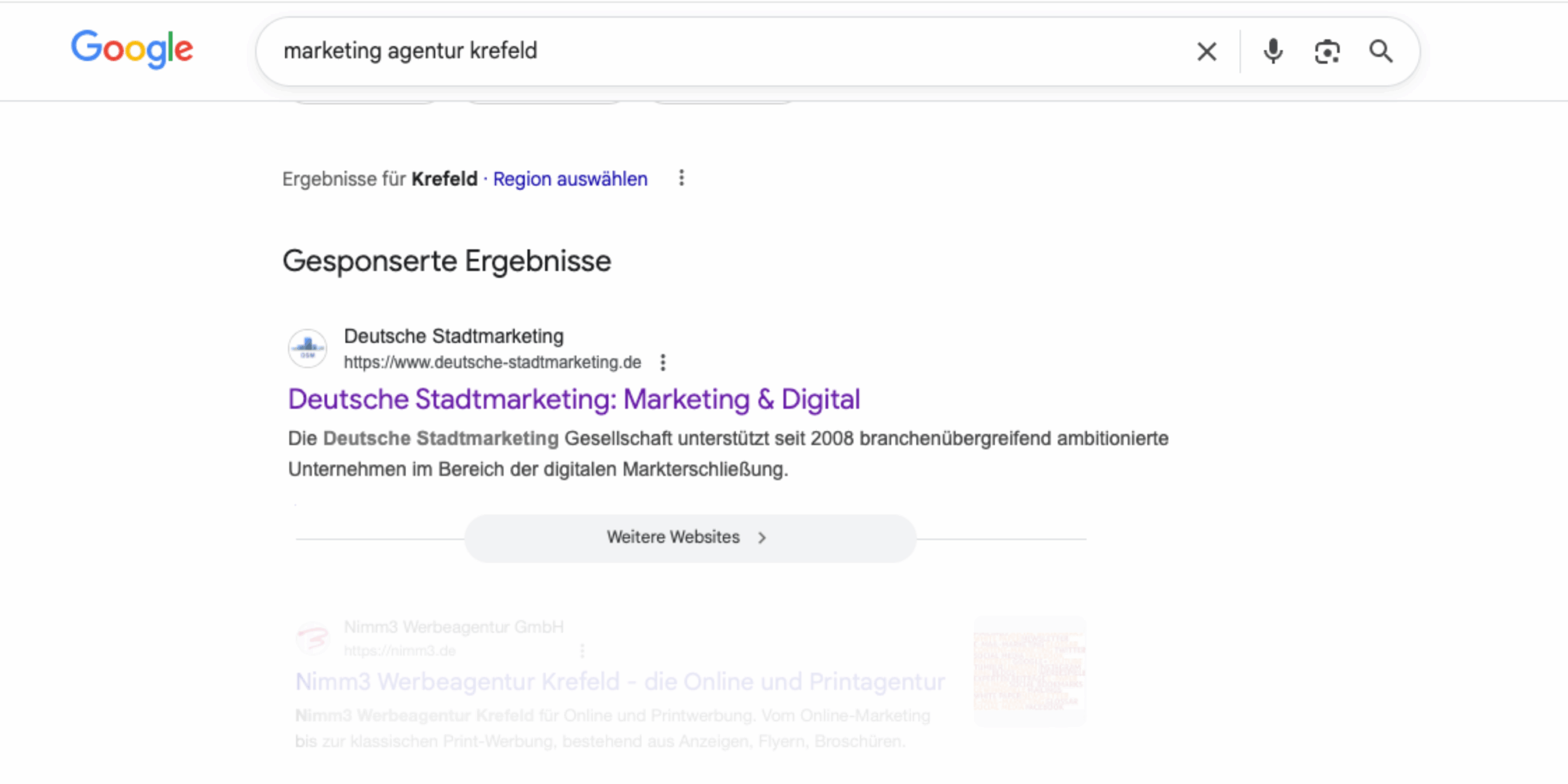 Google-Suchergebnisseite für „Marketing Agentur Krefeld“ mit einer Anzeige der Deutschen Stadtmarketing oben.