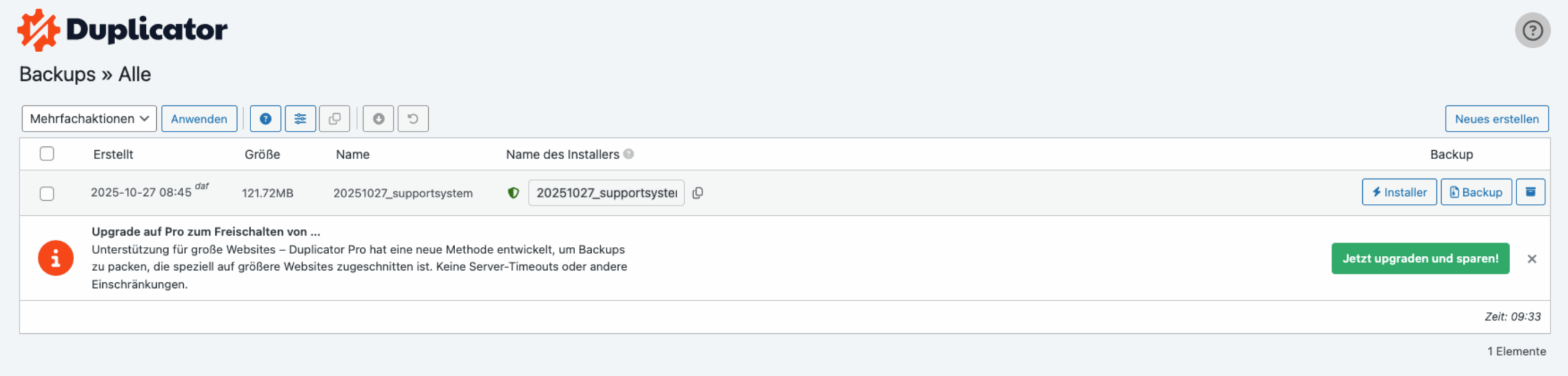 Duplicator-Übersicht: Ein erstelltes Backup mit Download-Optionen für Installer und Archiv.