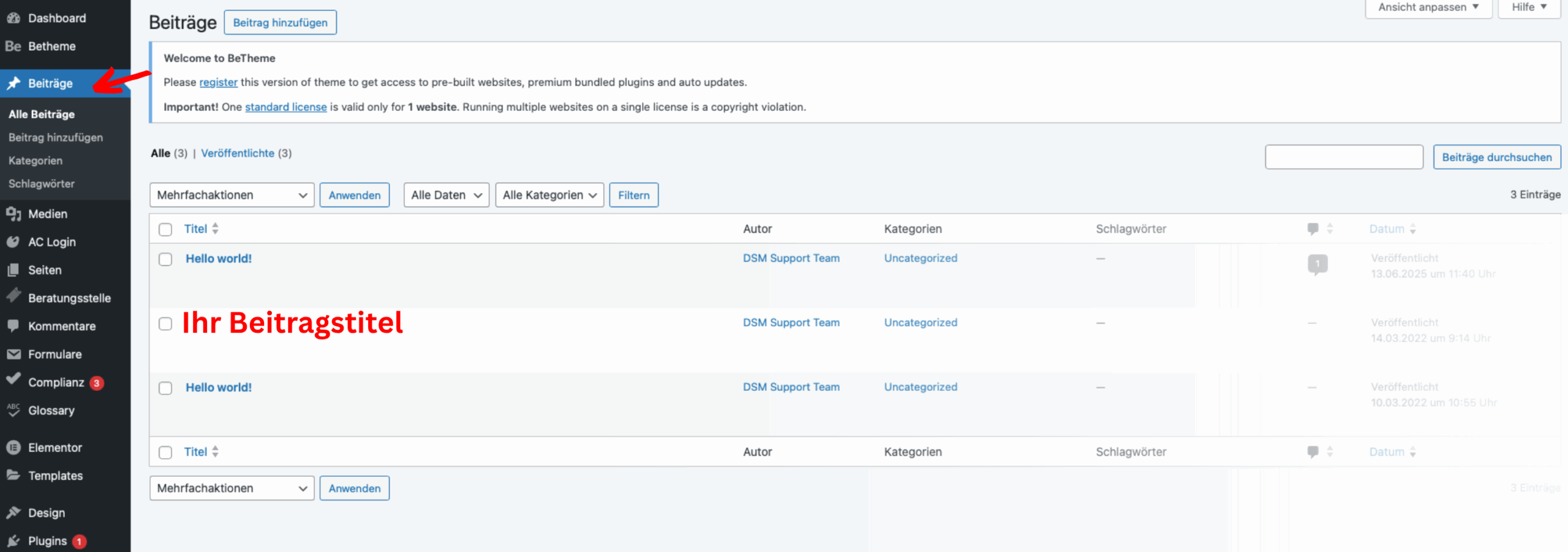 Screenshot des WordPress-Adminbereichs mit markiertem Menüpunkt ‚Beiträge‘ und dem Beispieltext‚ Ihr Beitragstitel‘ in der Beitragsliste.