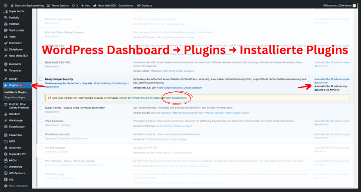 WordPress-Plugins-Seite mit Update-Hinweis für „Really Simple Security“.
