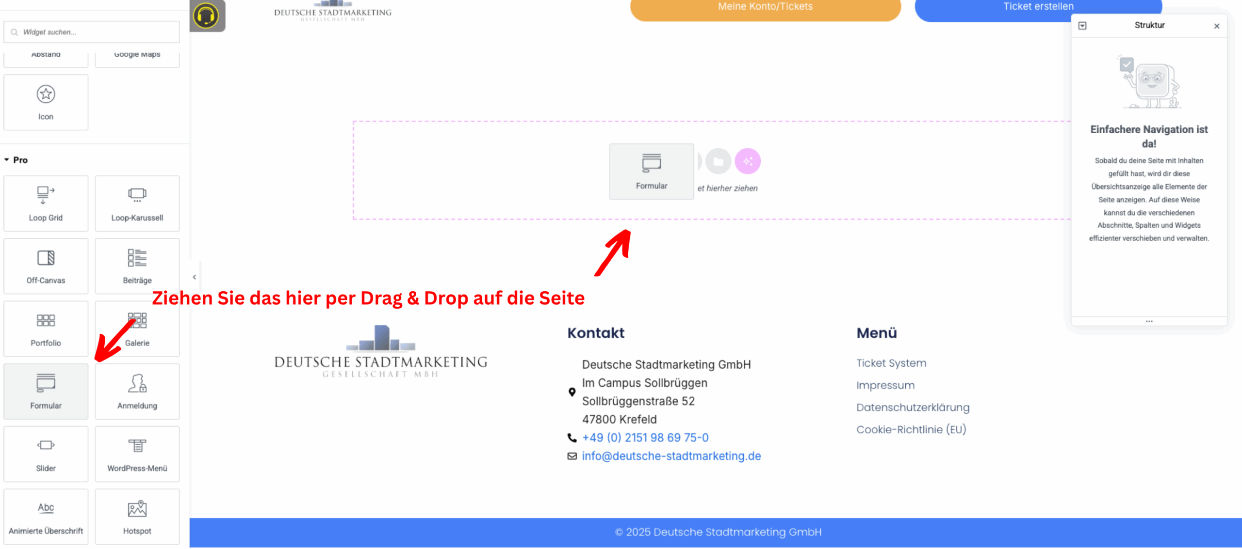 In der Elementor-Oberfläche ist das Widget „Formular“ im linken Menü rot markiert. Ein Pfeil zeigt auf den Seitenbereich, in den das Formular per Drag & Drop gezogen werden soll. Der Text erklärt: „Ziehen Sie das hier per Drag & Drop auf die Seite“.