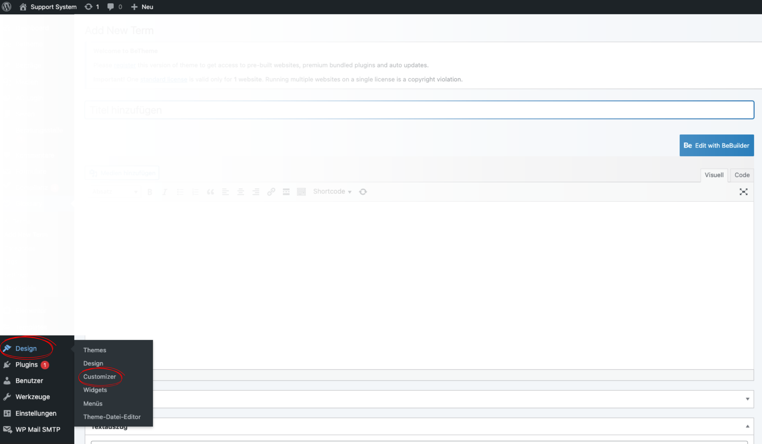 WordPress-Dashboard mit geöffnetem Menü „Design“. Die Unterpunkte „Themes“, „Design“, „Customizer“, „Widgets“, „Menüs“ und „Theme-Datei-Editor“ werden angezeigt. Der Menüpunkt „Customizer“ ist rot markiert.