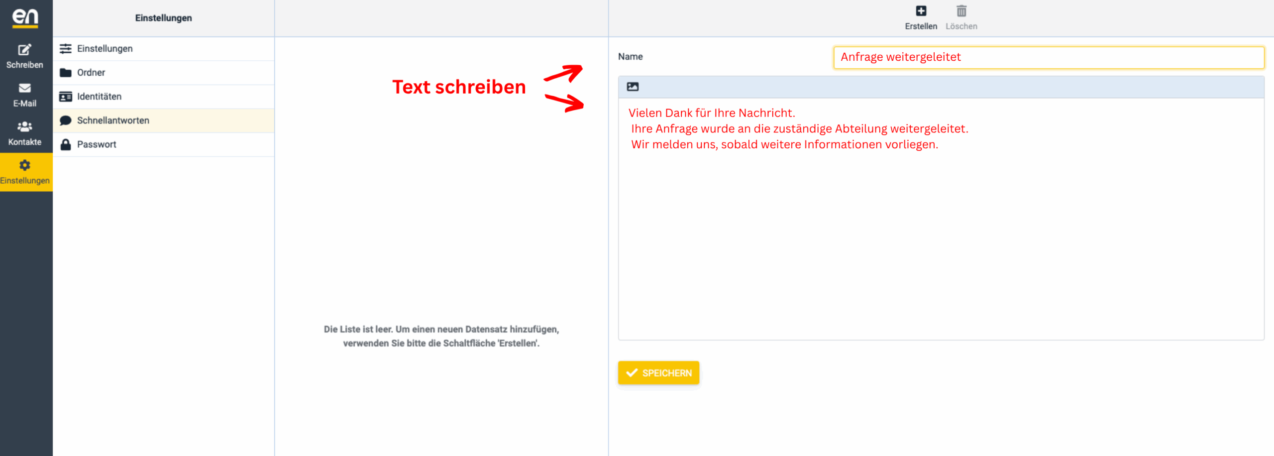 Screenshot der easyname Webmail-Einstellungen im Bereich „Schnellantworten“, hier können neue Antwortvorlagen erstellt, benannt und gespeichert werden.
