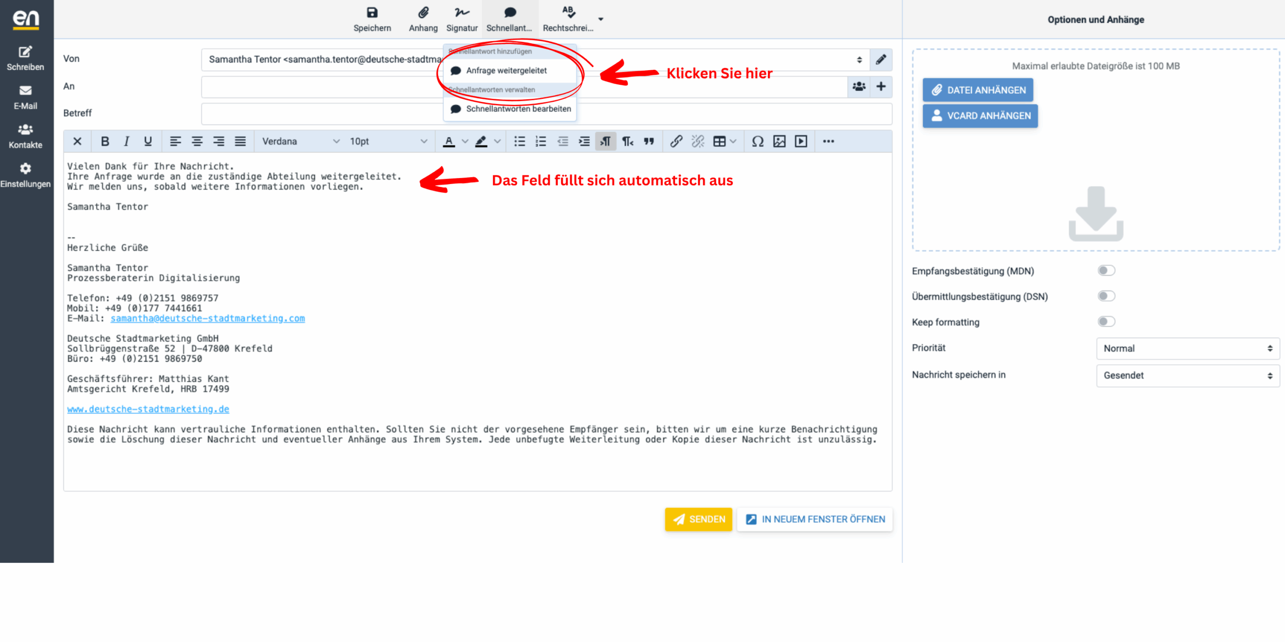 E-Mail-Editor in Easyname Webmail mit geöffneter Schnellantwort-Auswahl. Der Pfeil zeigt auf „Anfrage weitergeleitet“ mit dem Hinweis „Klicken Sie hier“. Darunter wird erklärt, dass sich das Textfeld automatisch mit der gespeicherten Schnellantwort füllt.