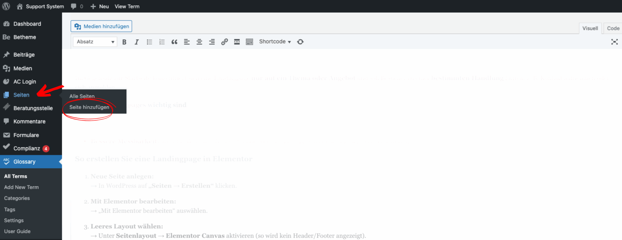 Screenshot aus dem WordPress-Dashboard: Der Menüpunkt „Seiten“ ist geöffnet, und der Unterpunkt „Seite hinzufügen“ ist rot markiert. Hier kann eine neue Seite erstellt werden, zum Beispiel für eine Landingpage.