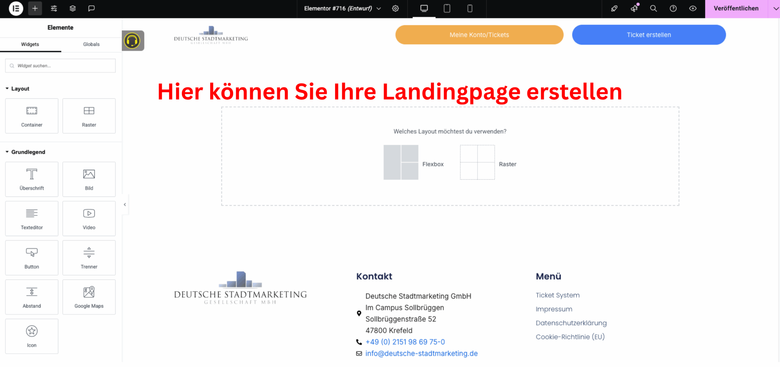 Screenshot im Elementor-Editor: In der Mitte steht der Hinweis „Hier können Sie Ihre Landingpage erstellen“ in roter Schrift. Links sind die Elementor-Widgets wie Überschrift, Bild, Texteditor usw. zu sehen. In der Mitte kann ein neues Layout (Flexbox oder Raster) ausgewählt werden.