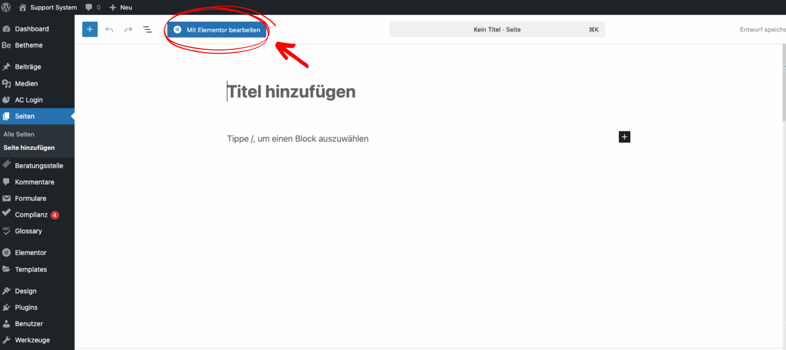 Screenshot des WordPress-Editors: Oben ist der blaue Button „Mit Elementor bearbeiten“ rot eingekreist und mit einem Pfeil markiert. Im Hintergrund sieht man eine neue, leere Seite mit der Überschrift „Titel hinzufügen“.