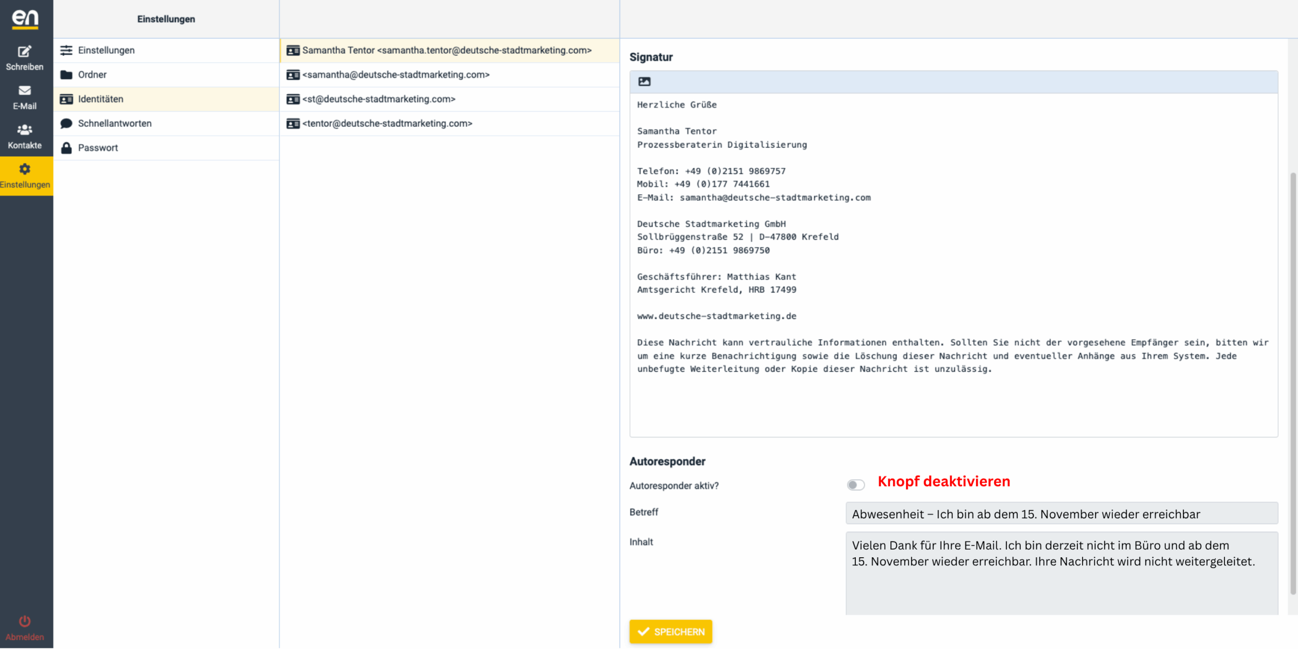 Screenshot der easyname Webmail: Autoresponder deaktivieren. Der Schalter „Autoresponder aktiv?“ ist ausgeschaltet, um die automatische Abwesenheitsnachricht zu beenden.