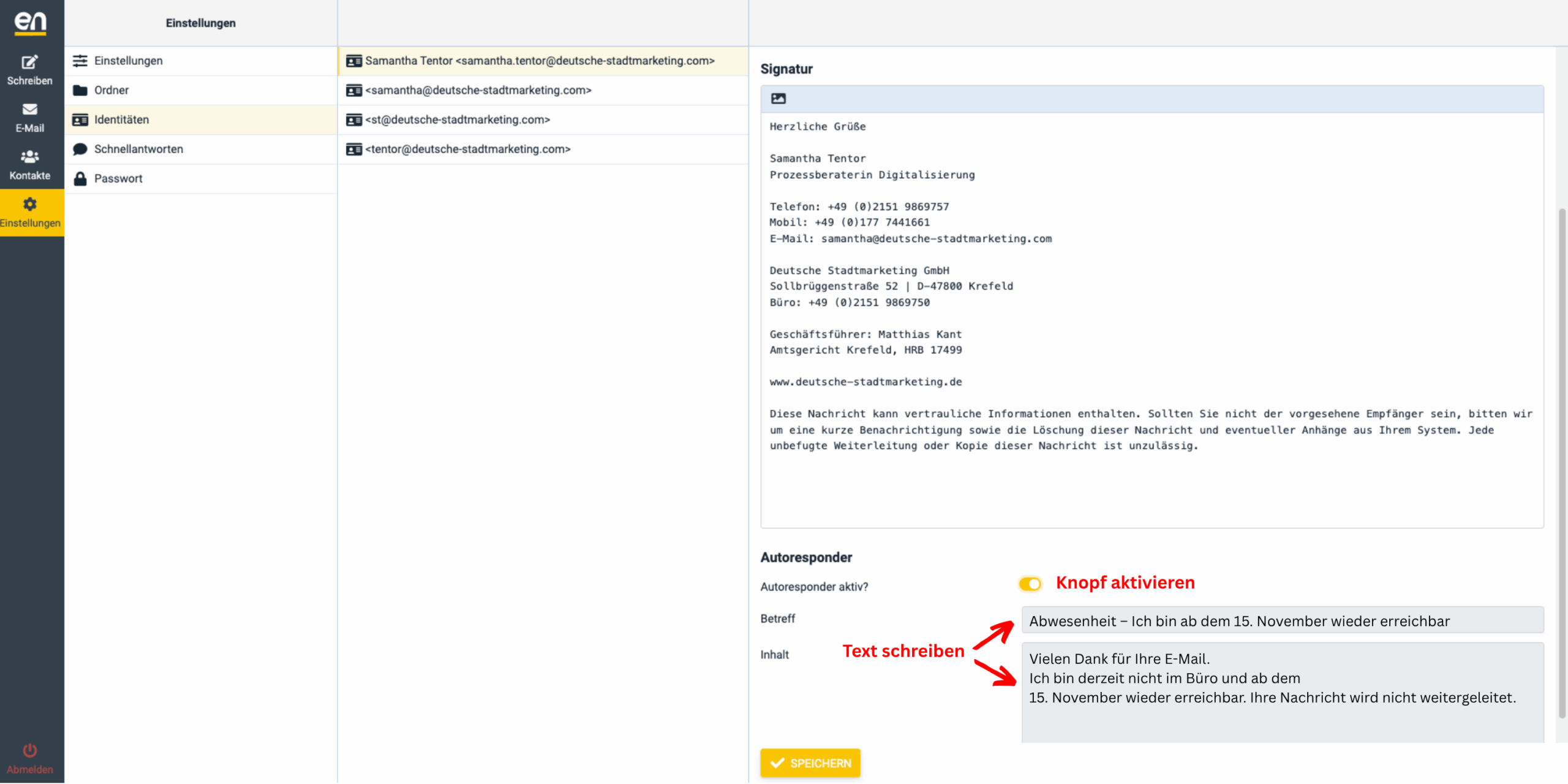 Screenshot der easyname Webmail. Autoresponder aktivieren und automatische Abwesenheitsnachricht eingeben.